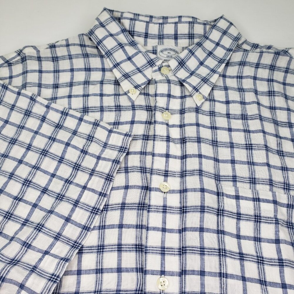 Brooks Brothers XL Regent Shirt Linen Short Sleeve Preppy Casual Plaid Shirt Men